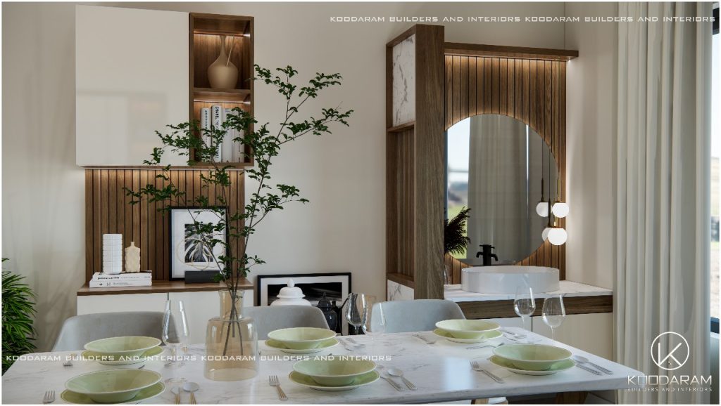 Image of Wash Counter cum crockery Shelf including dining area designed by Koodaram Builders And Interiors